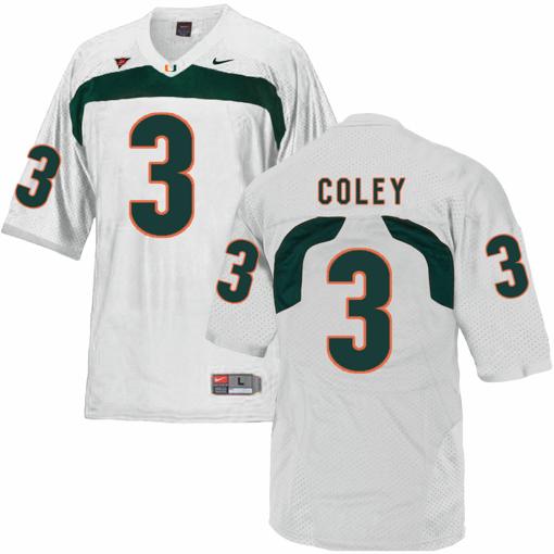 Men's Miami Hurricanes #3 Coley NCAA College Football Jersey White