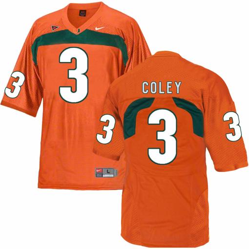 Men's Miami Hurricanes #3 Coley NCAA College Football Jersey Orange