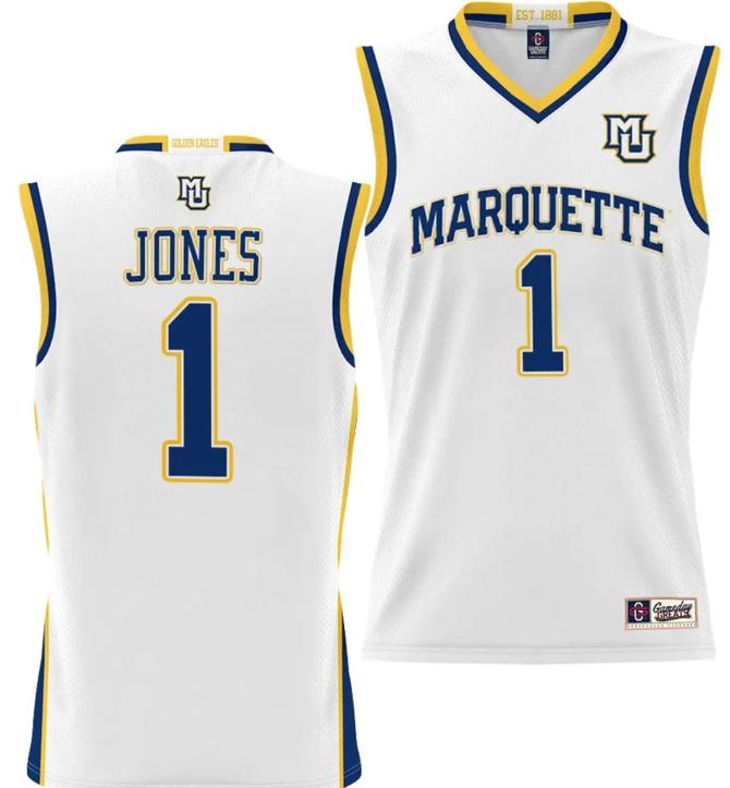 Men's Kam Jones Jersey #1 Marquette Golden Eagles NIL Basketball Lightweight White