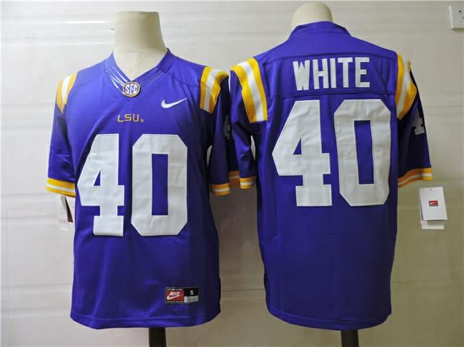 Men's LSU Tigers #40 White College Football Jersey Blue