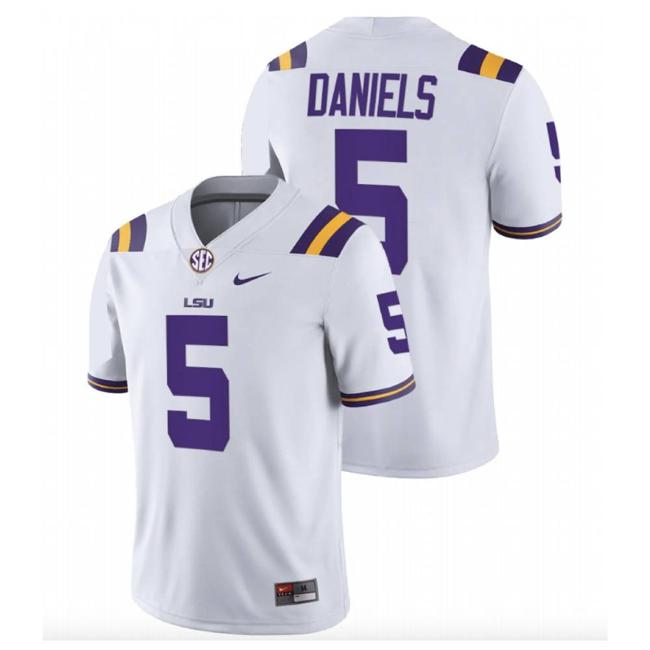 Men's LSU Tigers Jayden Daniels Jersey #5 College Football White