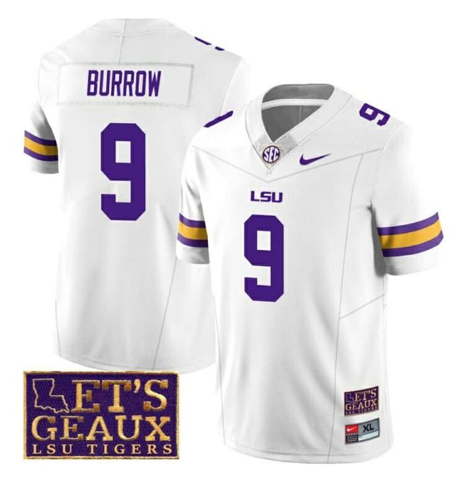 Men's Lsu Tigers Joe Burrow Jersey #9 College Football Let's Geaux Patch Stitched White