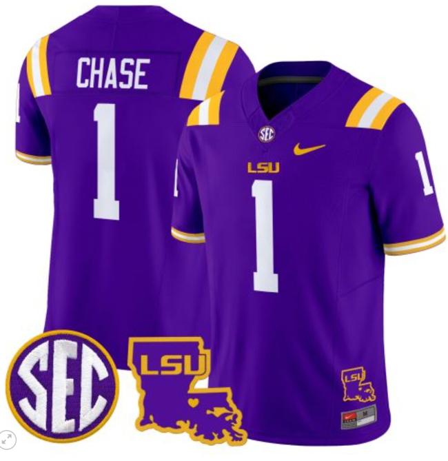 Men's Ja'Marr Chase Jersey #1 LSU Tigers 2024 Louisiana Patch Vapor Limited College Football Stitched Purple