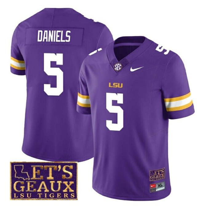 Men's Lsu Tigers Jayden Daniels Jersey #5 College Football Let's Geaux Patch Stitched Purple