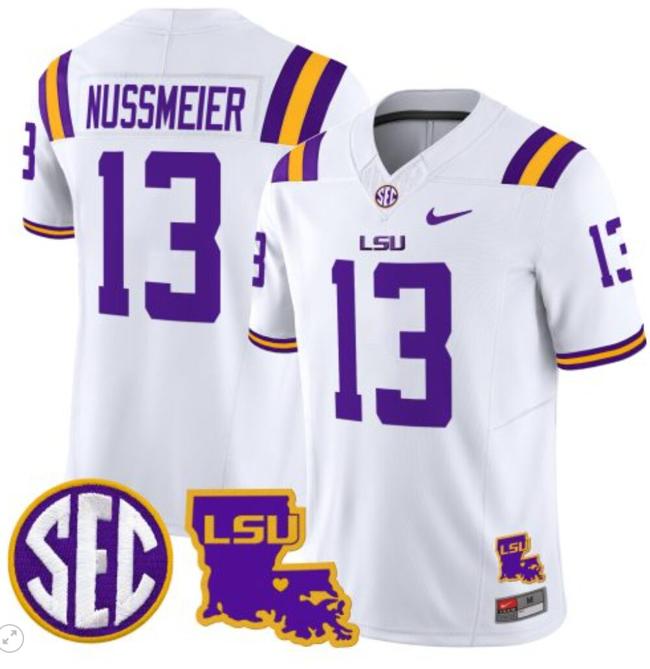 Men's Garrett Nussmeier Jersey #13 LSU Tigers 2024 Louisiana Patch Vapor Limited College Football Stitched White