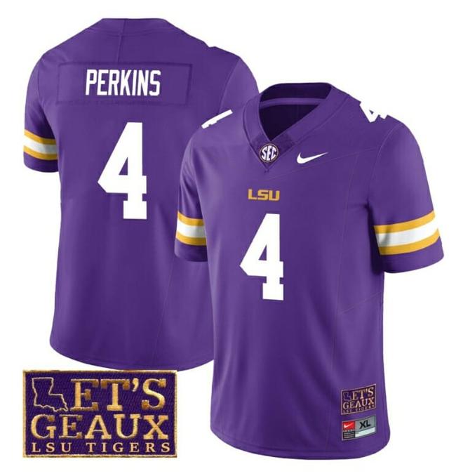 Men's Lsu Tigers Harold Perkins Jersey #4 College Football Let's Geaux Patch Stitched Purple