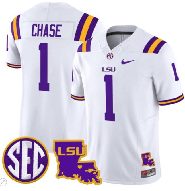 Men's Ja'Marr Chase Jersey #1 LSU Tigers 2024 Louisiana Patch Vapor Limited College Football Stitched White