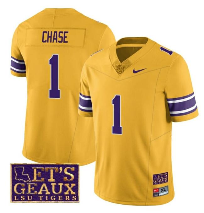 Men's Lsu Tigers JaMarr Chase Jersey #1 College Football Let's Geaux Patch Stitched Yellow