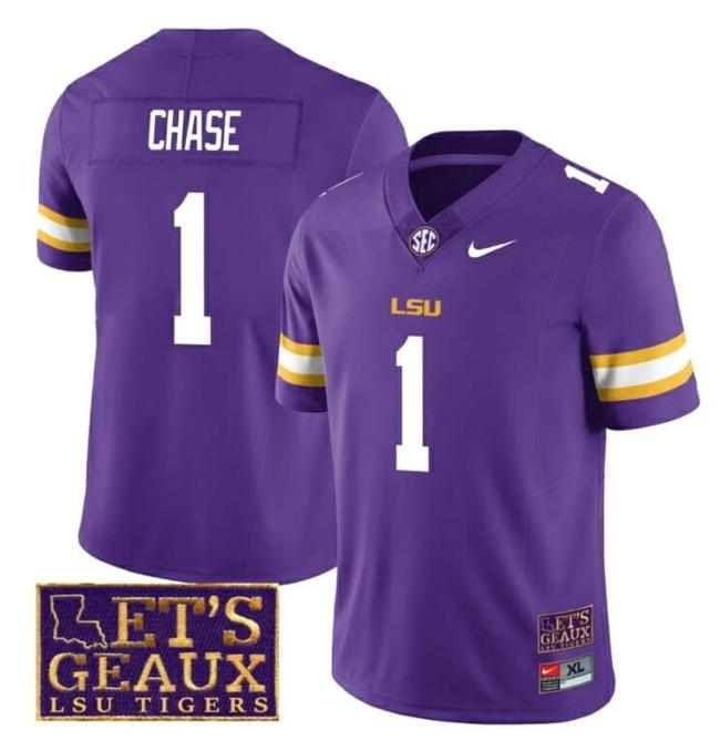 Men's Lsu Tigers JaMarr Chase Jersey #1 College Football Let's Geaux Patch Stitched Purple