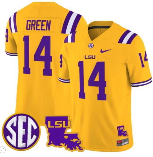 Men's Trey'Dez Green Jersey #14 LSU Tigers 2024 Louisiana Patch Vapor Limited College Football Stitched Gold