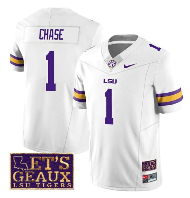 Men's Lsu Tigers JaMarr Chase Jersey #1 College Football Let's Geaux Patch Stitched White