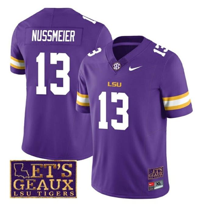 Men's Lsu Tigers Garrett Nussmeier Jersey #13 College Football Let's Geaux Patch Stitched Purple