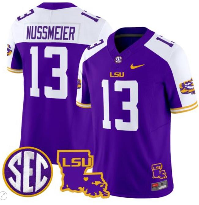 Men's Garrett Nussmeier Jersey #13 LSU Tigers 2024 Louisiana Patch Vapor Limited College Football Stitched Purple Alternate