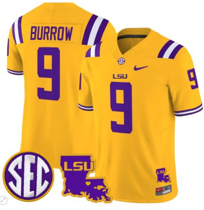 Men's Joe Burrow Jersey #9 LSU Tigers 2024 Louisiana Patch Vapor Limited College Football Stitched Gold