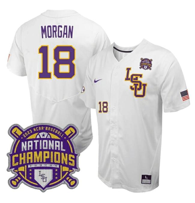 Men's Lsu Tigers Tre Morgan Jersey #18 National Champions NCAA College Baseball Stitched White