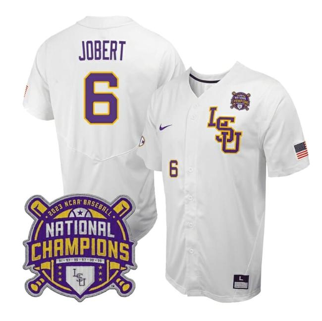 Men's Lsu Tigers Brayden Jobert Jersey #6 National Champions 2023 NCAA College Baseball Stitched White