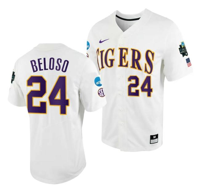 Men's Cade Beloso Jersey LSU Tigers #24 White 2023 College World Series NCAA Baseball