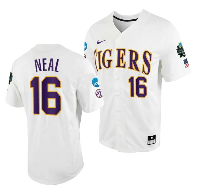 Men's Brady Neal Jersey LSU Tigers #16 White 2023 College World Series NCAA Baseball