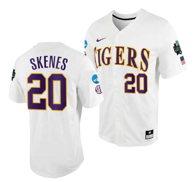 Men's Paul Skenes Jersey LSU Tigers #20 White 2023 College World Series NCAA Baseball