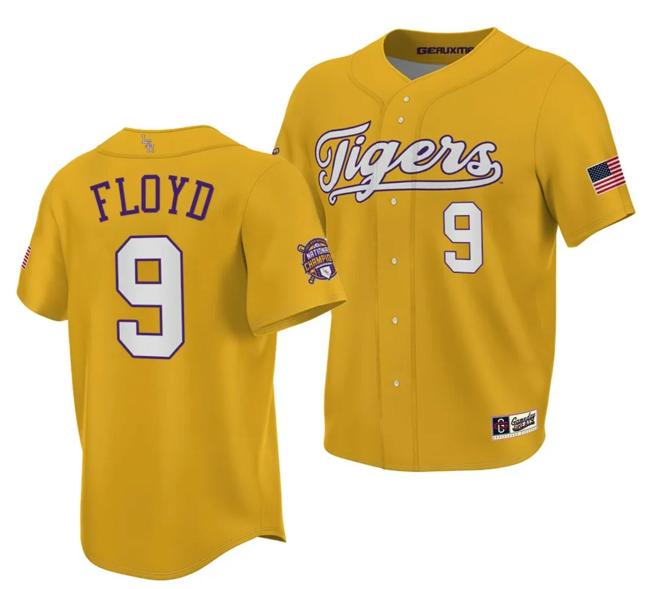 Men's LSU Tigers NCAA Baseball Ty Floyd Jersey 2023 College World Series Champions Gold #9