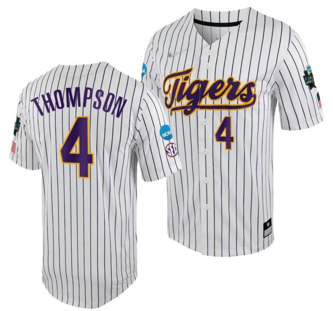 Men's LSU Tigers Jordan Thompson Jersey 2023 College World Series White Purple #4 NCAA Baseball