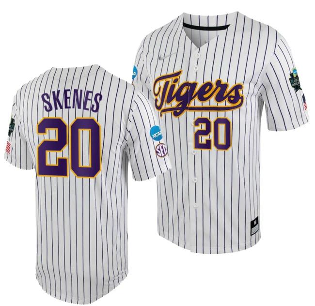 Men's LSU Tigers Paul Skenes Jersey 2023 College World Series White Purple #20 NCAA Baseball