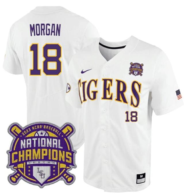 Men's Lsu Tigers Tre Morgan Jersey #18 National Champions NCAA College Baseball Stitched White Tigers