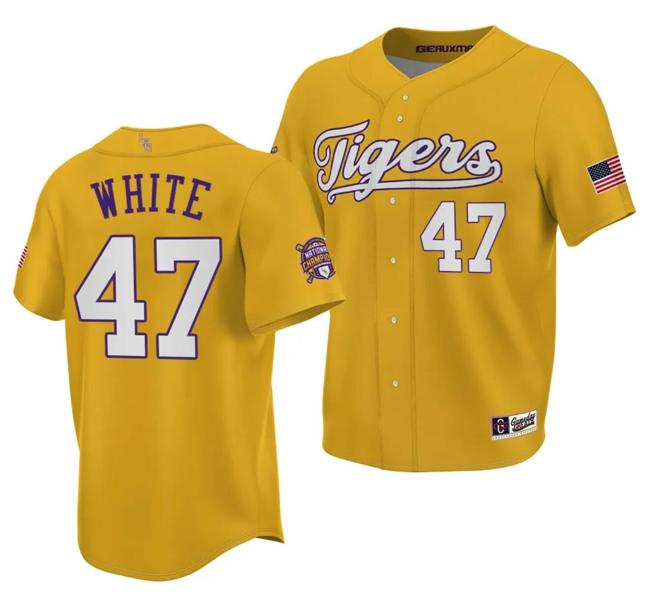 Men's LSU Tigers NCAA Baseball Tommy White Jersey 2023 College World Series Champions Gold #47