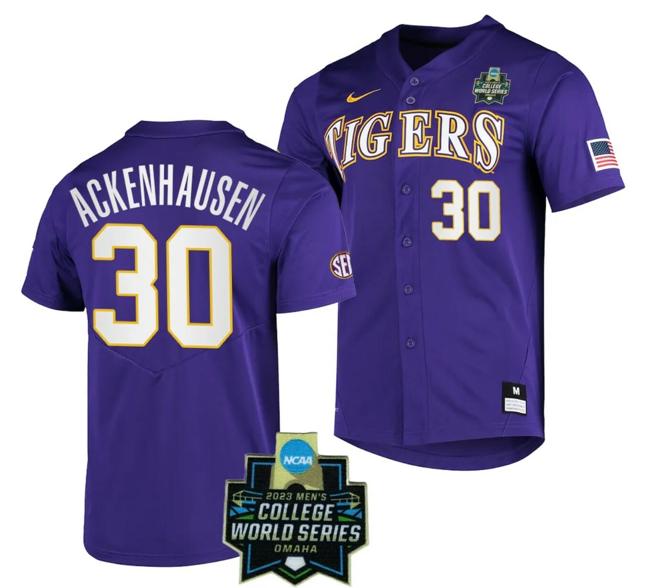 Men's LSU Tigers Baseball Nate Ackenhausen Jersey NCAA 2023 College World Series Purple #30