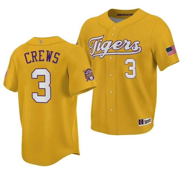 Men's LSU Tigers NCAA Baseball Dylan Crews Jersey 2023 College World Series Champions Gold #3