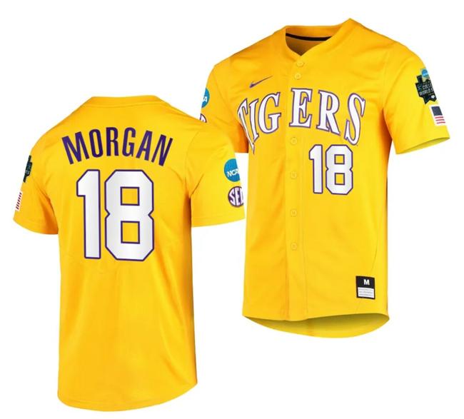 Men's 2023 College World Series Tre Morgan Jersey LSU Tigers NCAA Baseball Gold #18