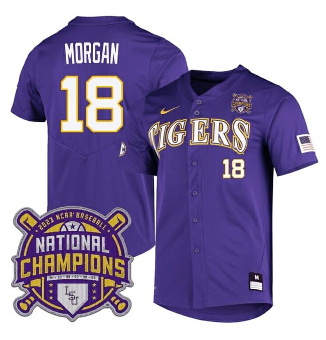 Men's Lsu Tigers Tre Morgan Jersey #18 National Champions NCAA College Baseball Stitched Purple