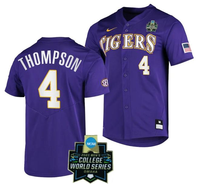 Men's LSU Tigers Baseball Jordan Thompson Jersey NCAA 2023 College World Series Purple #4