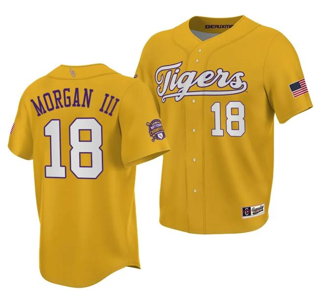 Men's LSU Tigers NCAA Baseball Tre Morgan Jersey 2023 College World Series Champions Gold #18