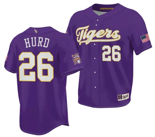 Men's 2023 College World Series Champions Thatcher Hurd Jersey LSU Tigers NCAA Baseball Purple #26