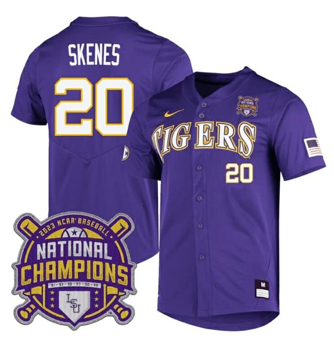 Men's Lsu Tigers Paul Skenes Jersey #20 National Champions NCAA College Baseball Stitched Purple