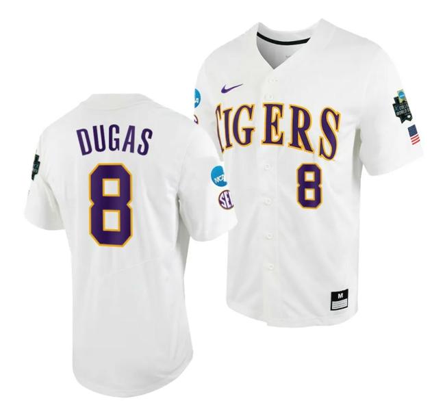 Men's Gavin Dugas Jersey LSU Tigers #8 White 2023 College World Series NCAA Baseball