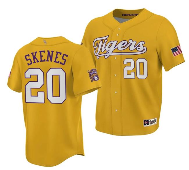 Men's LSU Tigers NCAA Baseball Paul Skenes Jersey 2023 College World Series Champions Gold #20