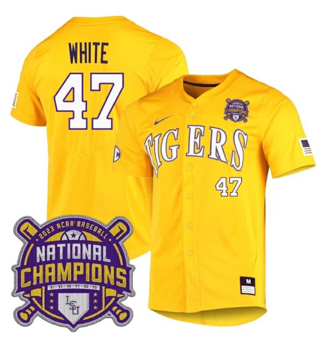 Men's Lsu Tigers Tommy White Jersey #47 National Champions NCAA College Baseball Stitched Gold