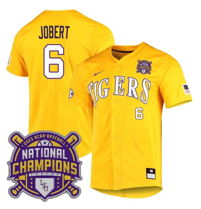 Men's Lsu Tigers Brayden Jobert Jersey #6 National Champions NCAA College Baseball Stitched Gold