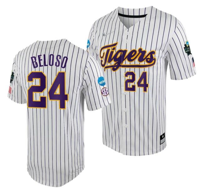 Men's LSU Tigers Cade Beloso Jersey 2023 College World Series White Purple #24 NCAA Baseball