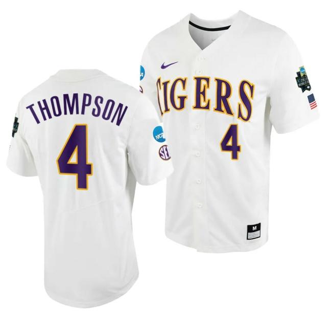 Men's Jordan Thompson Jersey LSU Tigers #4 White 2023 College World Series NCAA Baseball