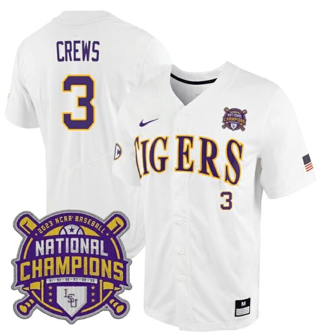 Men's Lsu Tigers Dylan Crews Jersey #3 National Champions NCAA College Baseball Stitched White Tigers