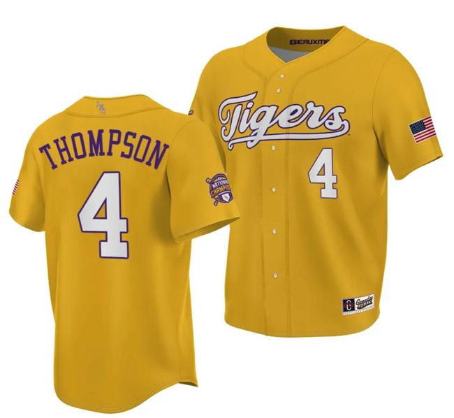 Men's LSU Tigers NCAA Baseball Jordan Thompson Jersey 2023 College World Series Champions Gold #4