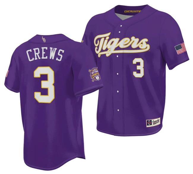 Men's 2023 College World Series Champions Dylan Crews Jersey LSU Tigers NCAA Baseball Purple #3