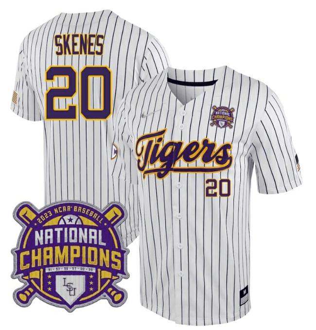 Men's Lsu Tigers Paul Skenes Jersey #20 National Champions NCAA College Baseball Stitched White Stripe