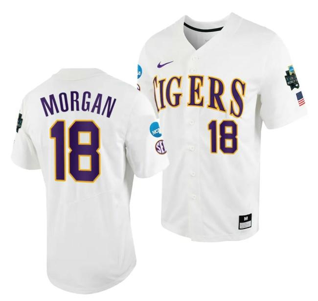 Men's Tre Morgan Jersey LSU Tigers #18 White 2023 College World Series NCAA Baseball