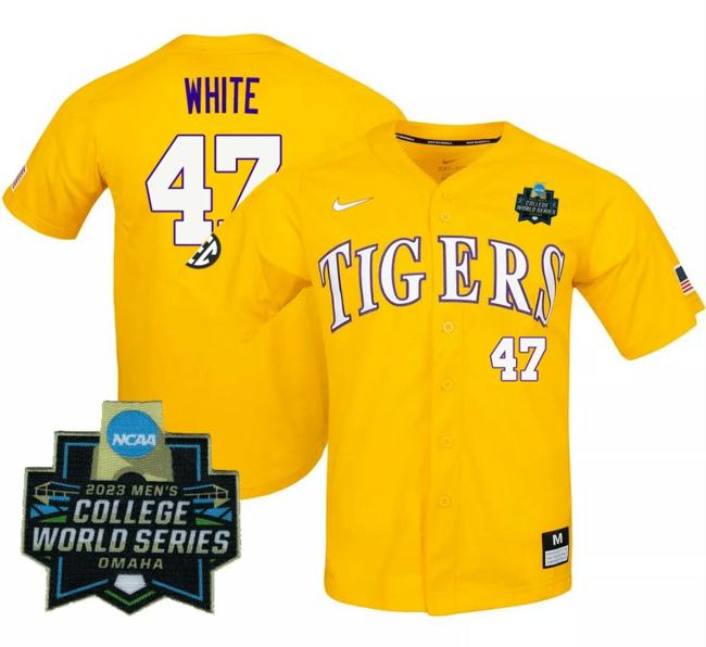 Men's 2023 College World Series Tommy White Jersey LSU Tigers NCAA Baseball Gold #47