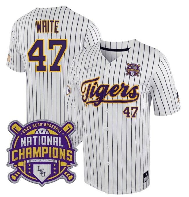 Men's Lsu Tigers Tommy White Jersey #47 National Champions NCAA College Baseball Stitched White Stripes