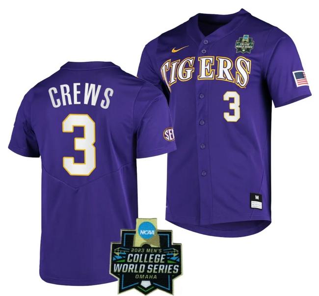 Men's LSU Tigers Dylan Crews Jersey NCAA 2023 College World Series Purple Baseball #3